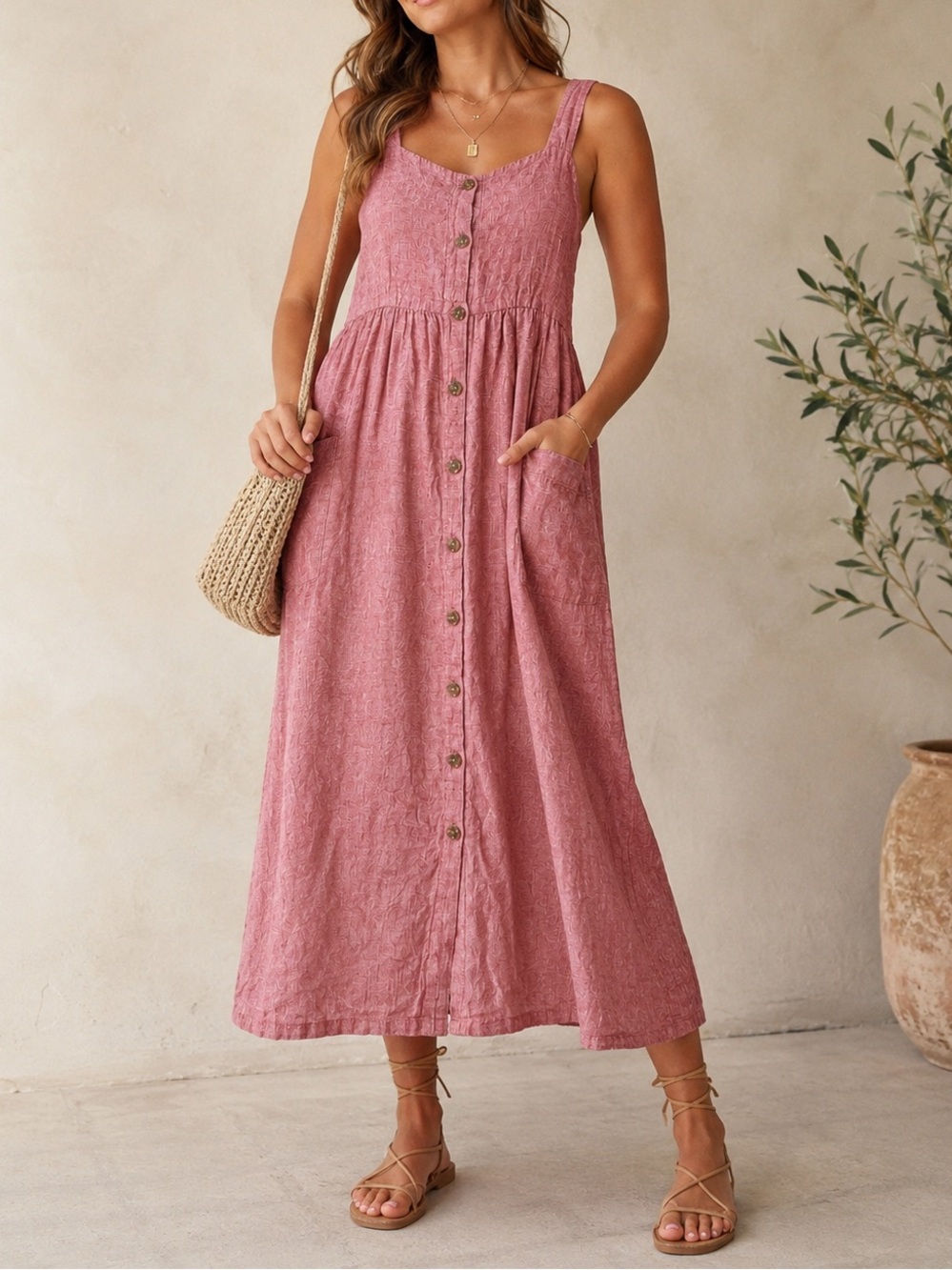 Rachel Zoe 100% Linen Button Front Midi Dress Pink Red Size 8